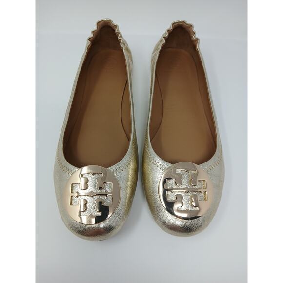 Tory Burch Minnie Travel Ballet With Logo Spark Gold Shoes Women’s Sz 10.5 New - Picture 7 of 16